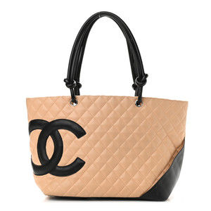 Calfskin Quilted Large Cambon Tote Beige Black